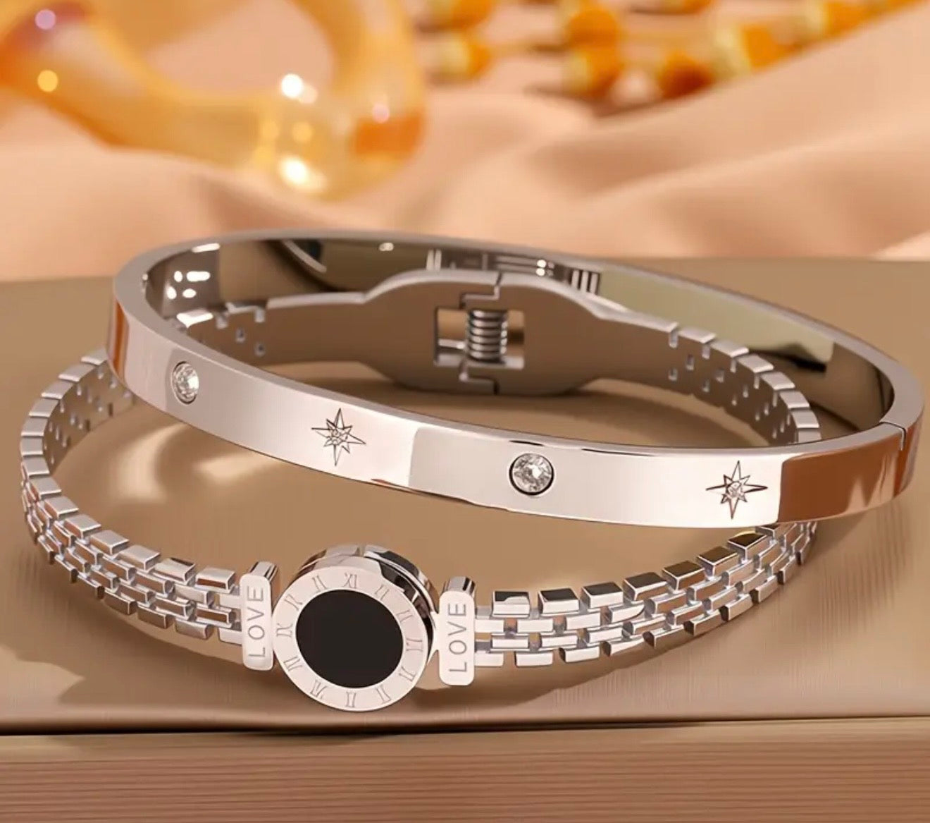 2pcs Vintage Multi-Color Stainless Steel Bracelet Set with Unique Roman Pattern Design, Ideal Fashion Accessory, Lucky Bracelet, Men'S and Women'S Fashion Jewelry