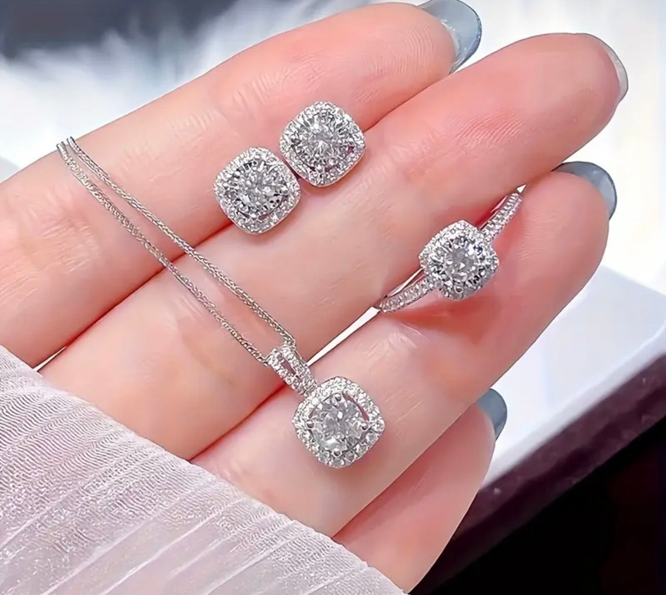 3pcs Elegant 925 Silver Plated Moissanite Jewelry Set for Women - Luxurious Minimalist Style with Open Ring, Stud Earrings, Necklace, Perfect for Daily Wear and Gift Giving