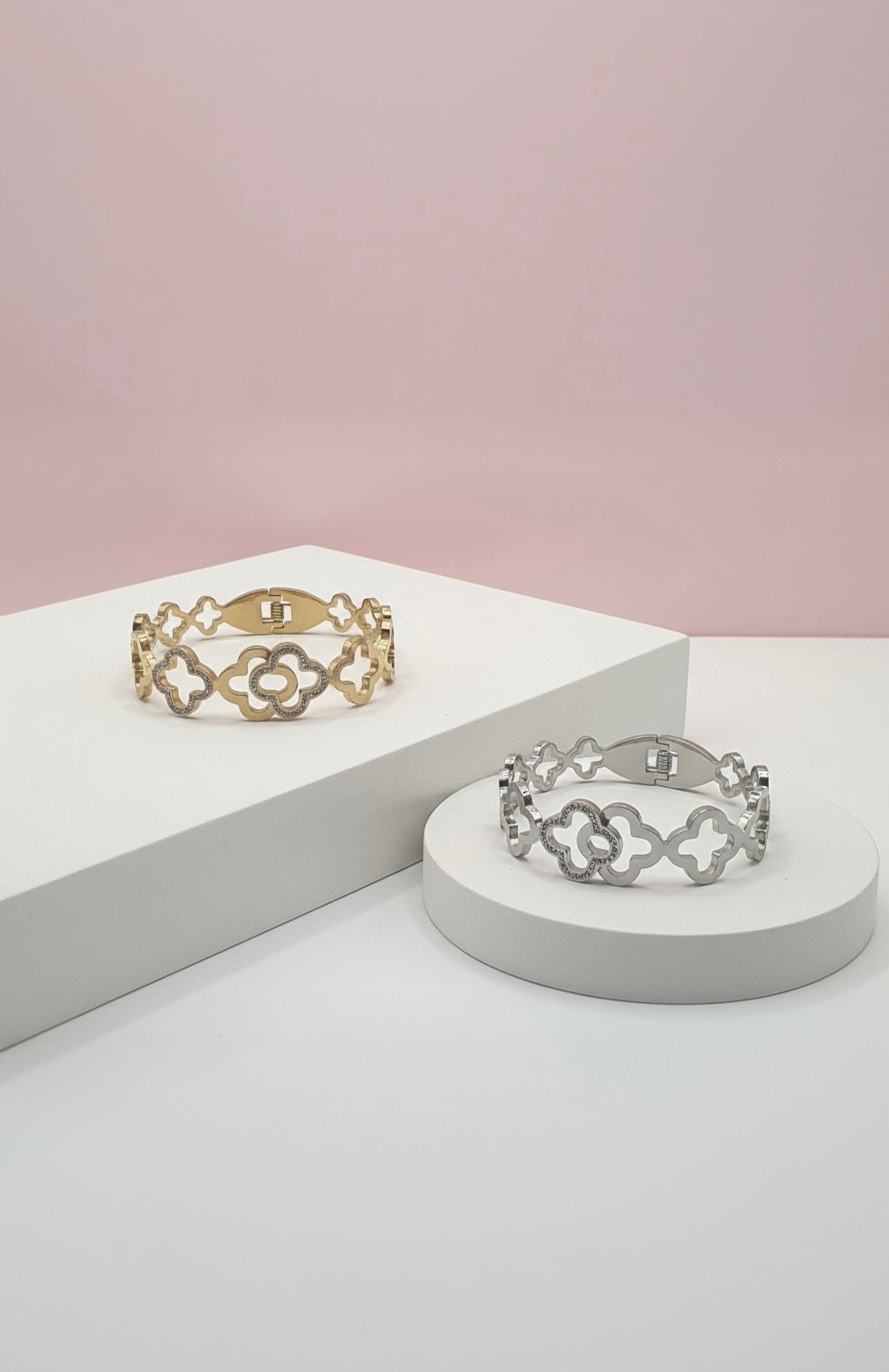 Stainless Steel Pavé Clover Crystal Stacking Bangle