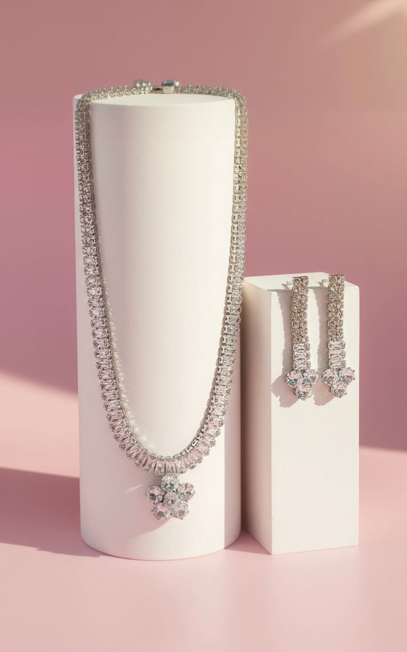 Flower Baguette Cut Crystal Necklace & Earrings Set