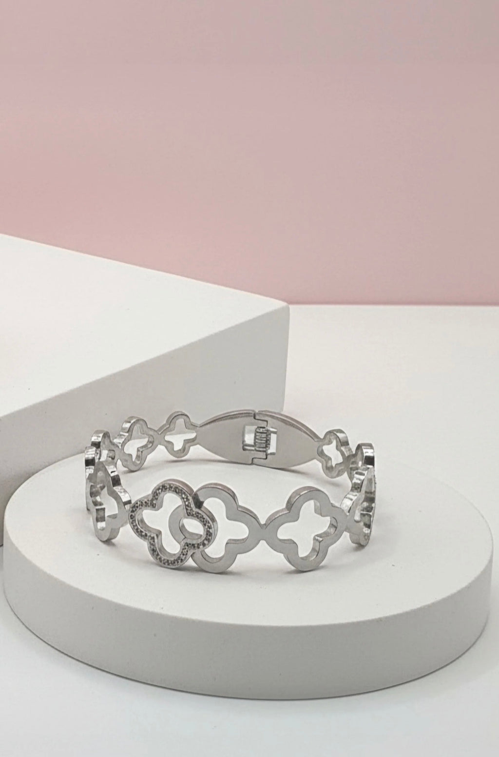 Stainless Steel Pavé Clover Crystal Stacking Bangle