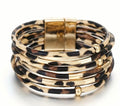 Stylish Leopard Print Synthetic Leather Wrap Bracelet with Golden-Tone Magnetic Clasp.