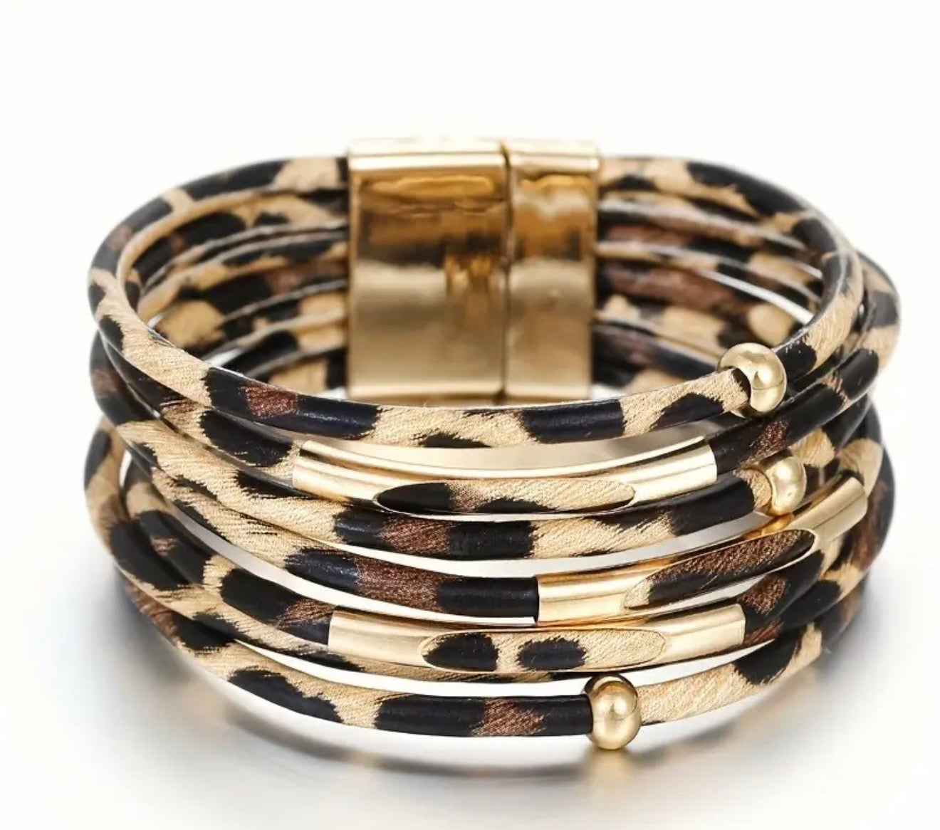 Stylish Leopard Print Synthetic Leather Wrap Bracelet with Golden-Tone Magnetic Clasp - Multi-Row Stackable Bangle for Women, Bohemian Everyday Jewellery Gift, Stylish Wristband | Bohemian Style Bracelet | Sleek Modern Look