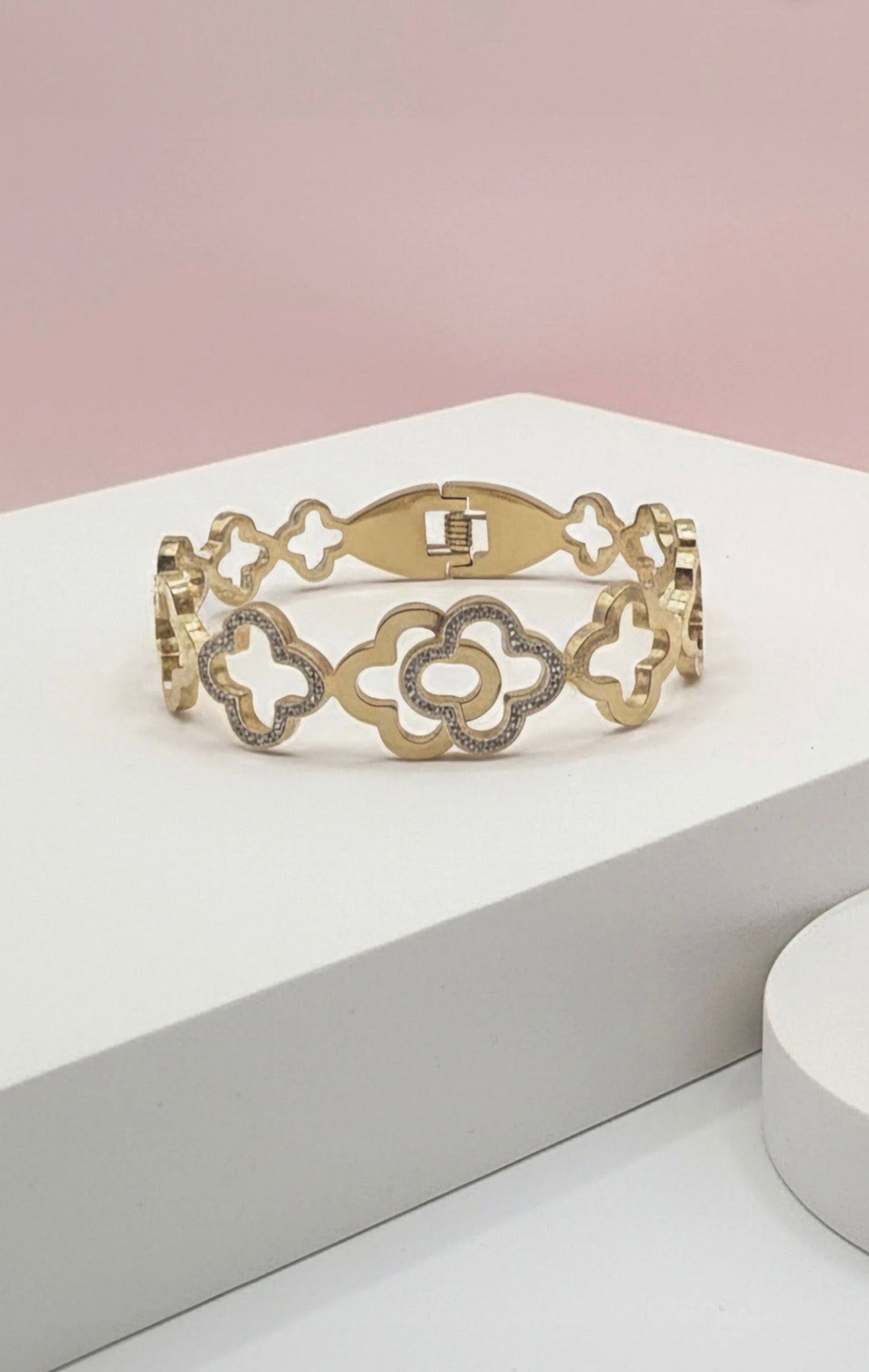 Stainless Steel Pavé Clover Crystal Stacking Bangle