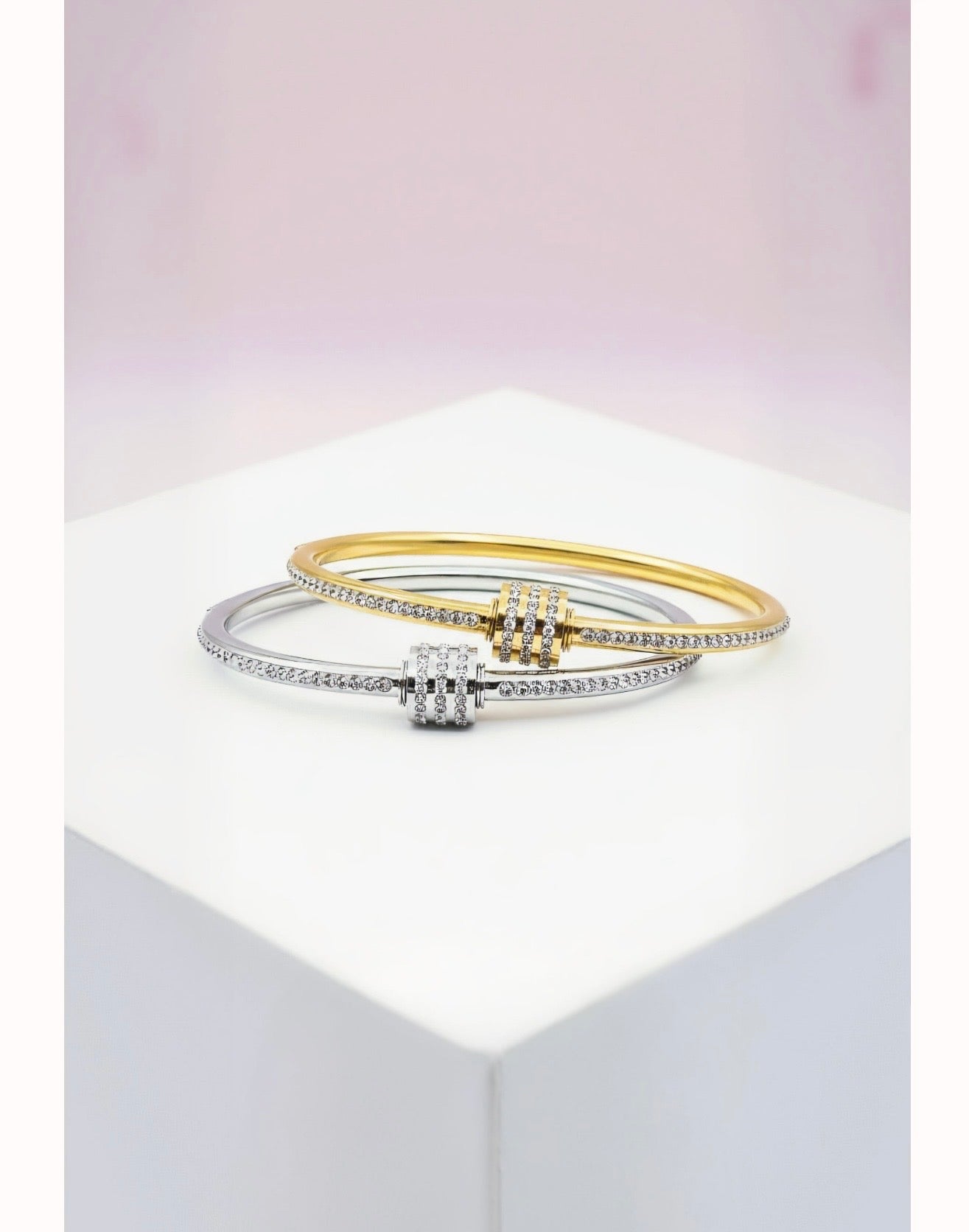 Curved Crystal Stacking Bangle Stainless Steel