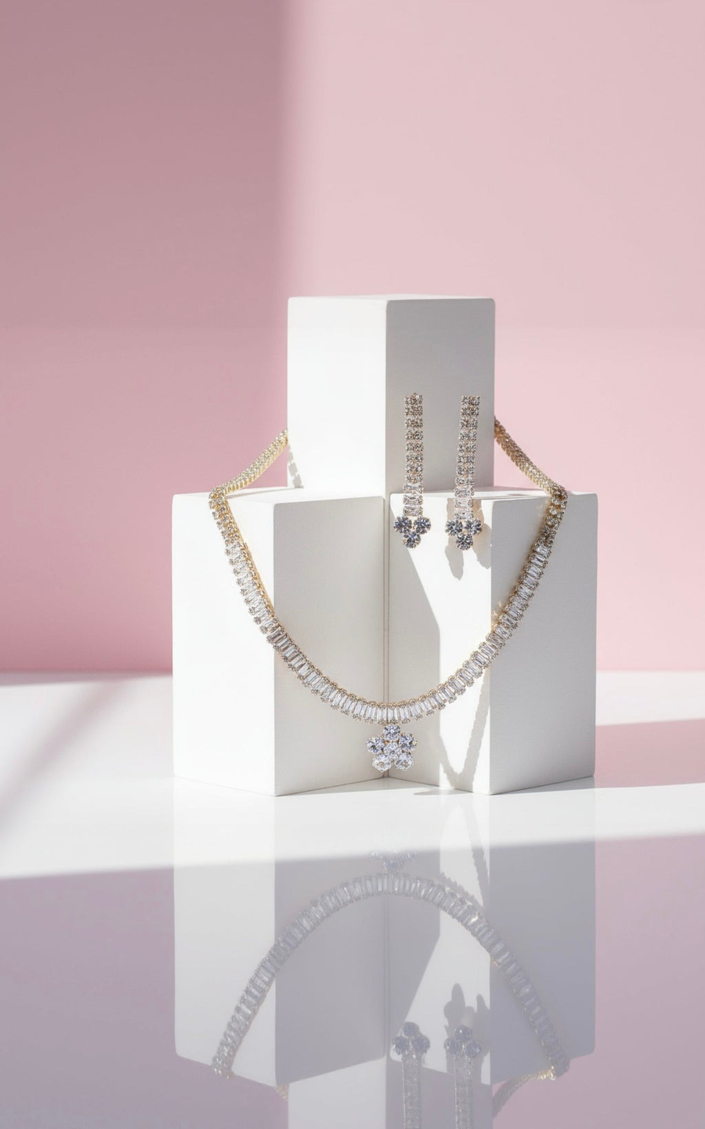 Flower Baguette Cut Crystal Necklace & Earrings Set