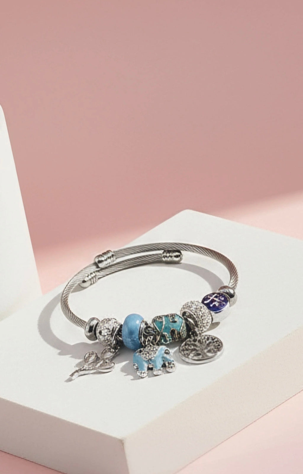 Tree Of Life With Blue Elephant Crystal Charm Breaded Bracelet