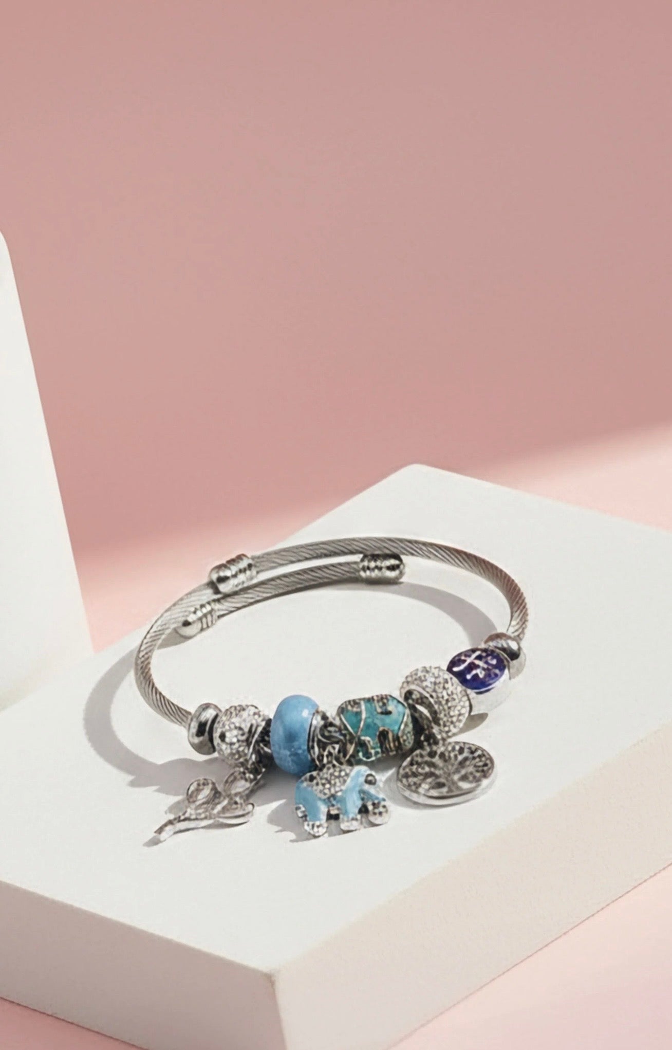 Tree Of Life With Blue Elephant Crystal Charm Breaded Bracelet