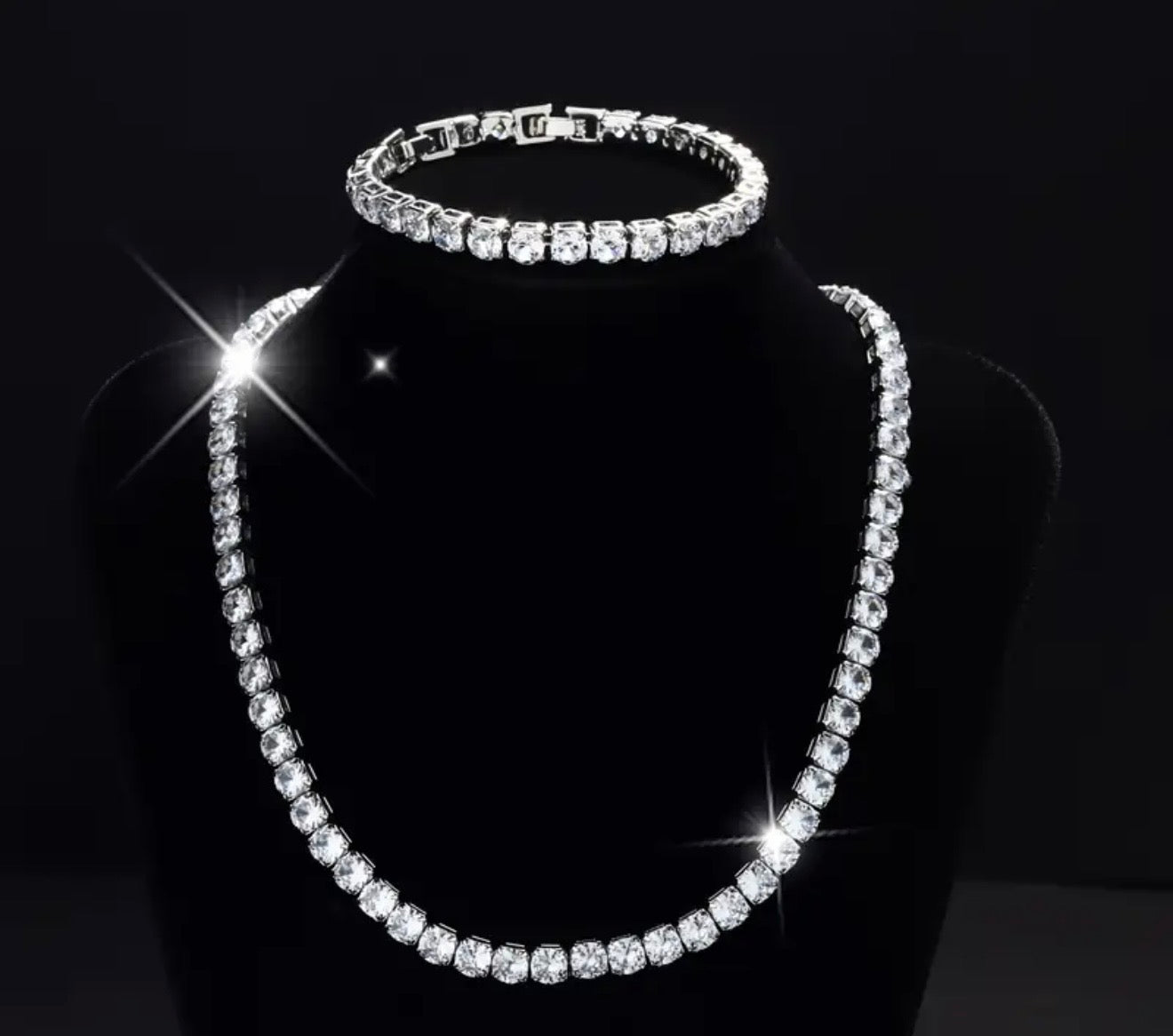 2pcs Women'S Fashion Tennis Necklace and Bracelet Jewelry Set, Sparkling White Golden Plated 6mm Round 5A Zirconia Inlay, Unisex for Daily Wear, Perfect Gift for Christmas, Thanksgiving, Valentine'S Day For Men And Women